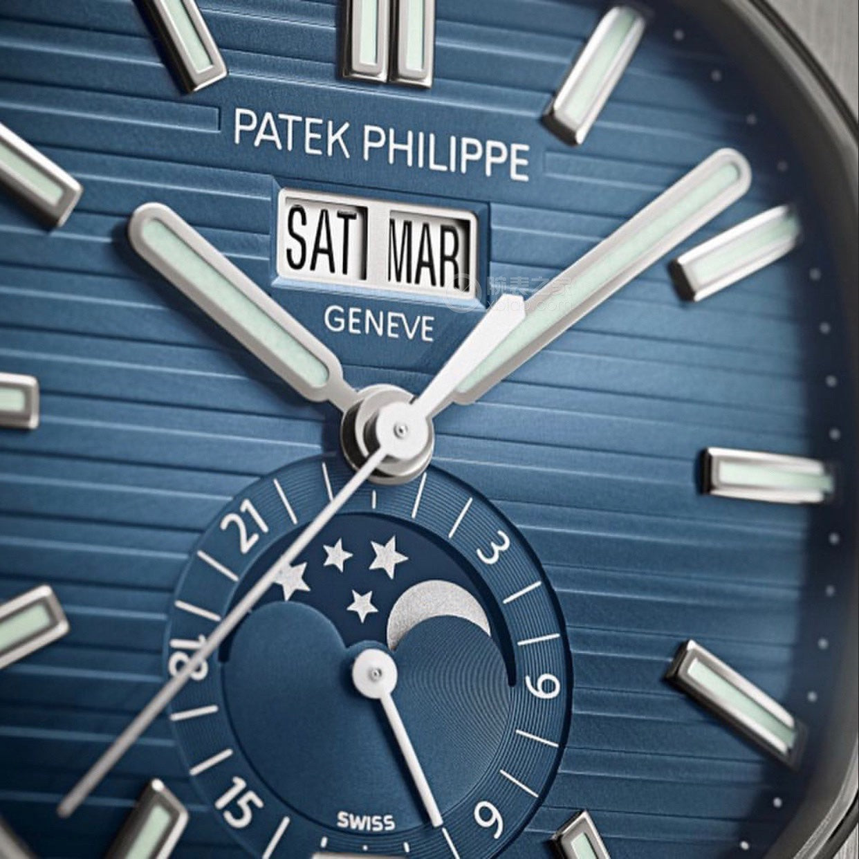 Patek Philippe 5726 watch face with blue dial and silver accents