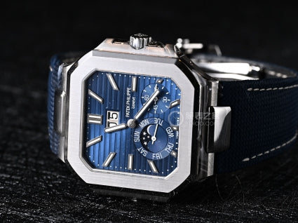Patek Philippe 5822P watch with blue face on a dark background