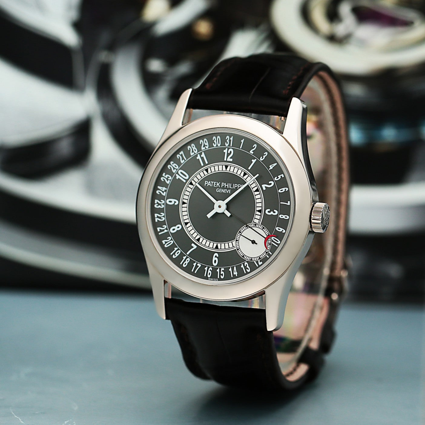 Patek Philippe 6000G watch with black leather strap