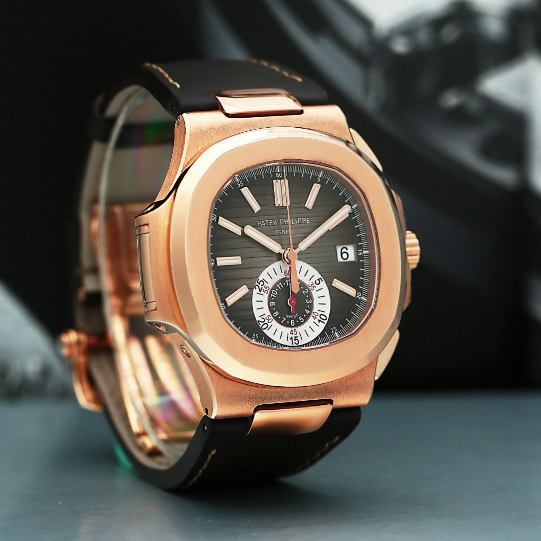 Patek Philippe 5980R Rose gold watch with black dial on a dark background