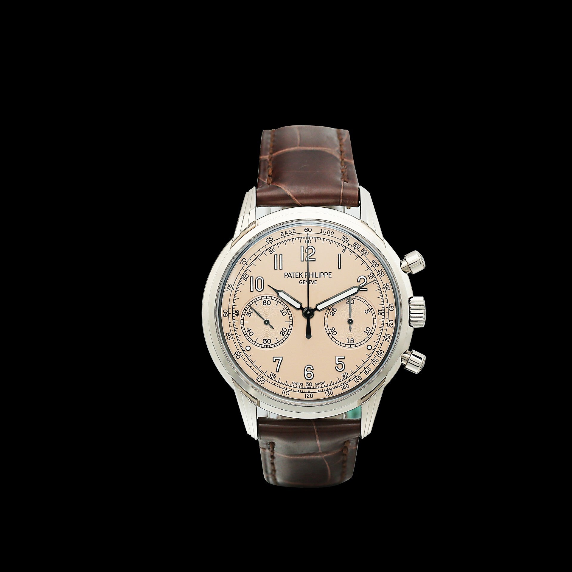 Patek Philippe 5172G  with brown leather strap and detailed face on a white background