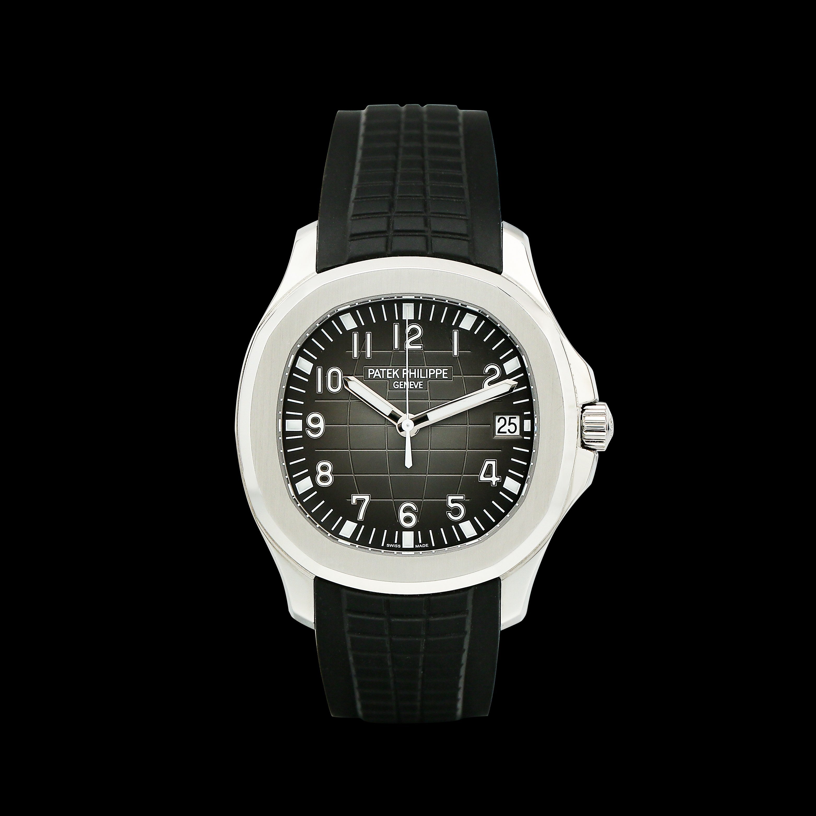 Patek Philippe 5167A with black dial and rubber strap on a white background