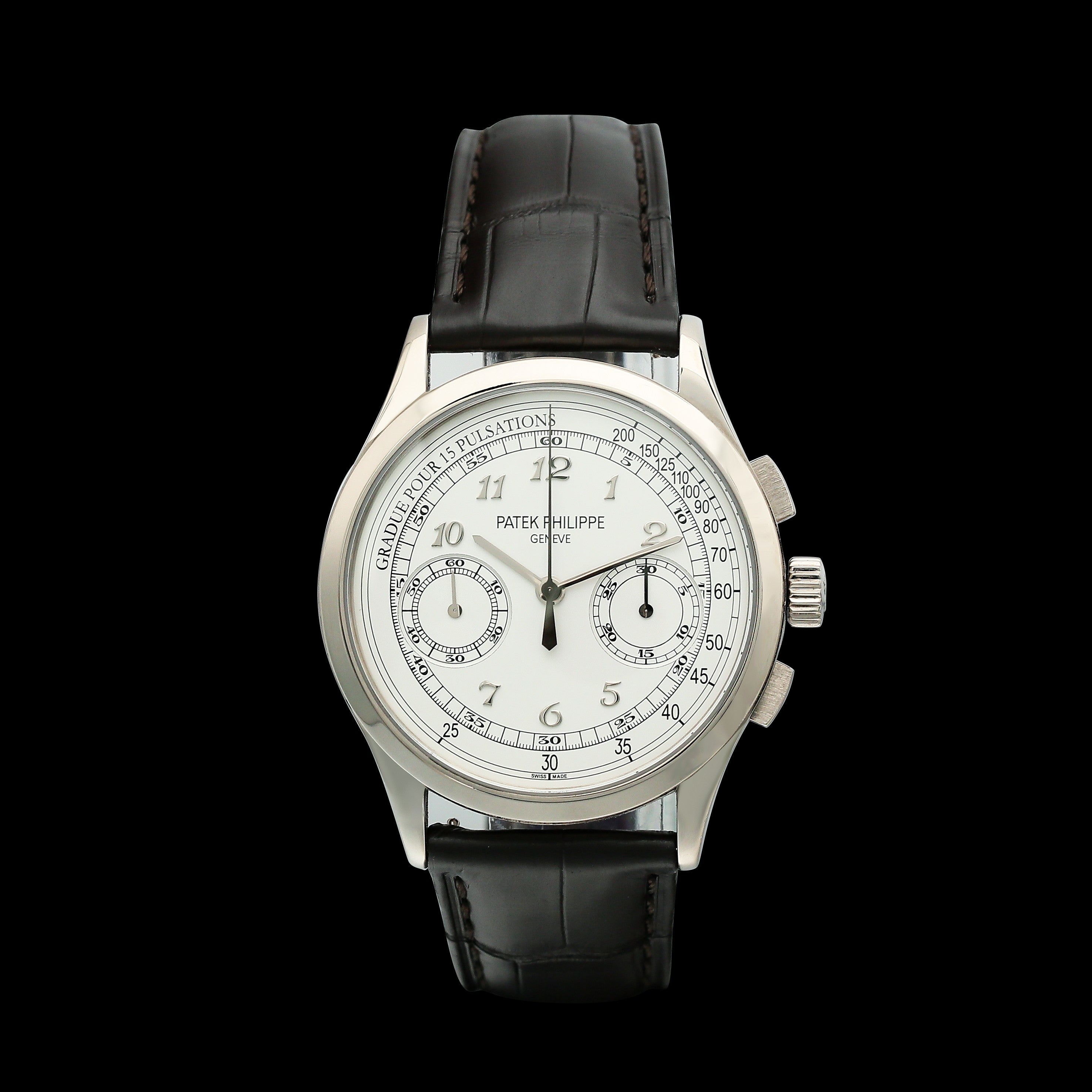Patek Philippe watch with black leather strap on a white background